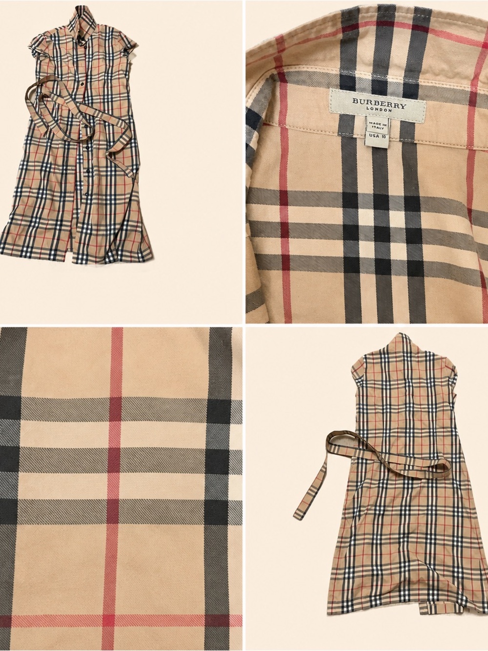 Vintage Burberry London Nova Check Belted Shirtdress Made in Italy SIZE 10